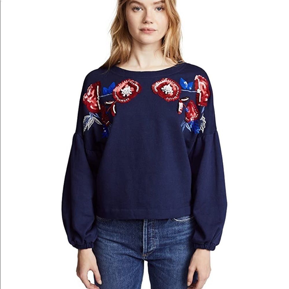PARKER Beaded Sequin Sweatshirt Floral Embroidered Long Sleeve Blue‎ Red XS New